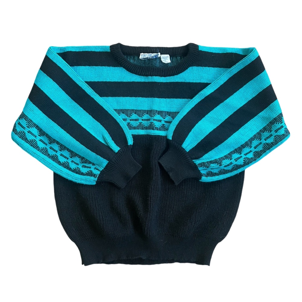 Vintage 80s Teal & Black Geometric Balloon Sleeve Knit Sweater Size EU 42